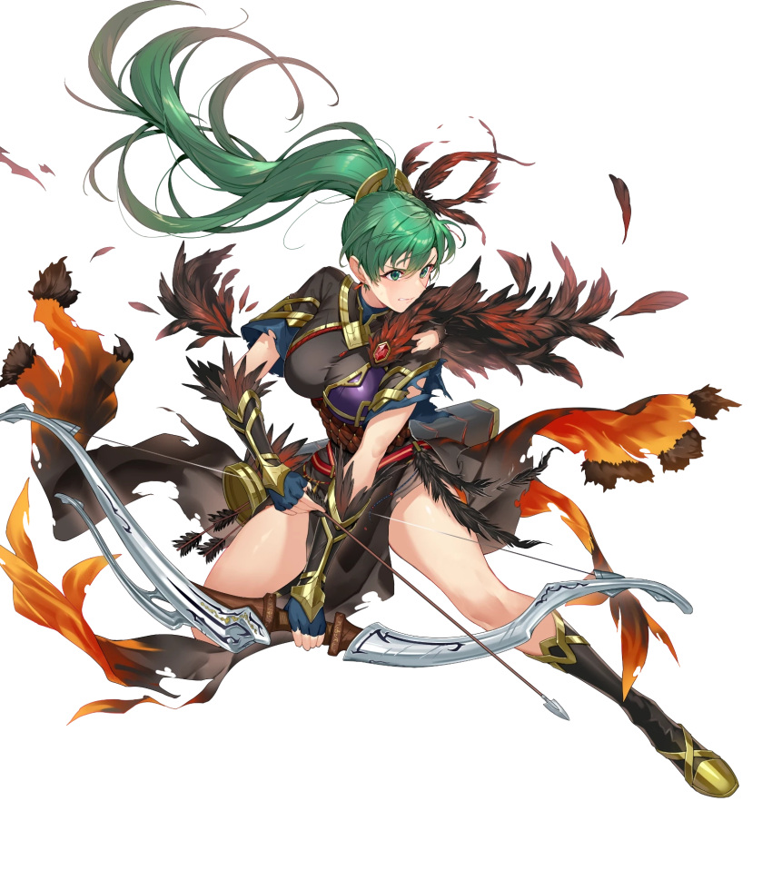 1girl arrow_(symbol) bangs bow_(weapon) breasts earrings fingerless_gloves fire_emblem fire_emblem:_the_blazing_blade fire_emblem_heroes fur_trim gloves gold_trim green_eyes green_hair hair_ornament high_ponytail highres jewelry kakage long_hair lyn_(brave_lady)_(fire_emblem) lyn_(brave_lady)_(resplendent)_(fire_emblem) lyn_(fire_emblem) non-web_source official_art ponytail quiver short_sleeves solo transparent_background weapon