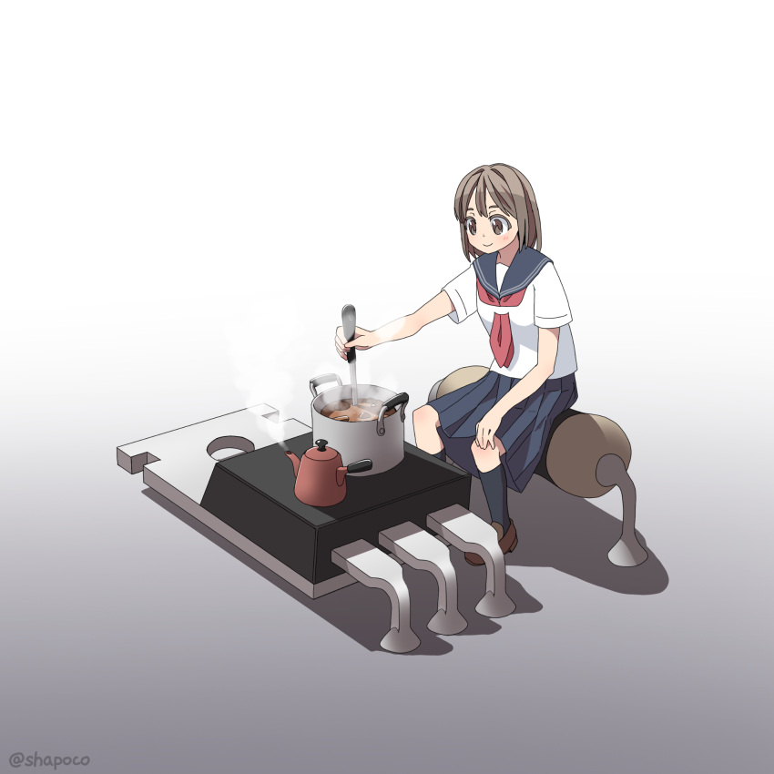 1girl black_socks brown_eyes brown_footwear brown_hair closed_mouth cooking cooking_pot full_body grey_sailor_collar grey_skirt highres holding holding_spoon kneehighs medium_hair neckerchief original oversized_object pleated_skirt red_neckerchief resistor sailor_collar sailor_shirt school_uniform serafuku shapoco shirt shoes short_sleeves simple_background sitting skirt smile socks solo spoon steam summer_uniform teapot transistor_(object) white_background white_shirt