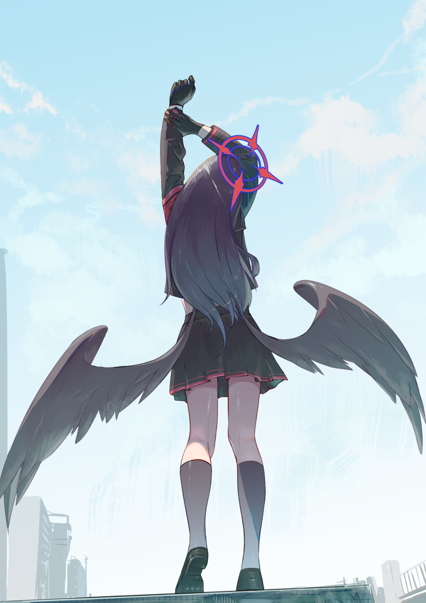 1girl absurdres arm_up black_footwear black_gloves black_hair black_serafuku black_shirt black_skirt black_socks black_wings blue_archive blue_sky cloud facing_away feathered_wings gen_hoshi gloves halo highres ichika_(blue_archive) long_hair low_wings mary_janes red_halo school_uniform serafuku shirt shoes skirt sky socks solo wings