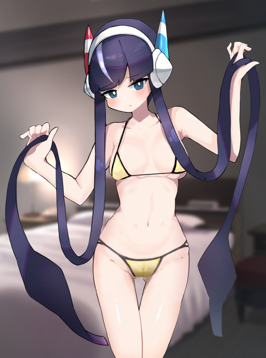 1girl alternate_costume bare_arms bedroom bikini black_hair blunt_bangs blurry blurry_background breasts cameltoe collarbone commentary_request elesa_(pokemon) hair_lift hands_up headphones highres indoors lifted_by_self looking_at_viewer navel pokemon pokemon_(game) pokemon_bw2 r_(user_pzzt2437) shiny_skin short_hair_with_long_locks solo standing swimsuit yellow_bikini