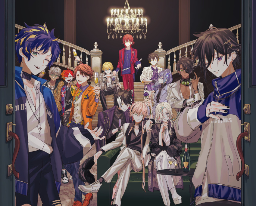 6+boys :d ;d abs adjusting_clothes alcohol animal_ears animal_print ankle_boots antenna_hair aqua_eyes aqua_hair aragami_oga arm_around_shoulder arm_on_another's_shoulder arm_up arurandeisu astel_leda beckoning belt belt_buckle black_belt black_choker black_coat black_footwear black_gloves black_hair black_jacket black_nails black_necktie black_pants black_ribbon black_shirt black_socks blonde_hair blue_collar blue_eyes blue_flower blue_hair blue_jacket blue_pants blue_rose blue_shirt boots bottle boutonniere bracelet breast_pocket brown_belt brown_hair brown_socks buckle buttoned_cuffs buttons chain_necklace champagne champagne_bottle champagne_flute chandelier choker clenched_hand closed_mouth coat cocktail_glass collar collared_shirt colored_inner_hair copyright couch cowboy_shot cropped_jacket cross-laced_clothes cross-laced_footwear crossed_bangs crossed_legs cuff_links cup dark-skinned_male dark_skin detached_collar double-breasted double-parted_bangs drinking_glass ear_piercing earrings everyone expressionless eyepatch eyewear_hang fangs feet_out_of_frame flower fringe_trim full_body gem gloves gold_choker gold_trim green-tinted_eyewear green_eyes green_footwear green_gemstone green_sleeves grey_hair grey_jacket grey_pants grey_shirt hair_between_eyes hair_ornament hair_over_one_eye hair_over_shoulder hairclip half_updo hanasaki_miyabi hand_in_pocket hand_on_another's_shoulder hand_on_own_chest hand_on_own_hip hand_up heterochromatic_eyewear heterochromia high-waist_pants highres hitodama hizaki_gamma holding holding_bottle holding_cup holding_flower holostars hood hood_down hooded_jacket horn_ornament horns host_club indoors jackal_boy jackal_ears jackal_tail jacket jacket_on_shoulders jewelry kageyama_shien kanade_izuru kishido_temma lace-up_boots lapel_pin lapels leaf_print leaning_forward legwear_garter leopard_print letterman_jacket lightning_bolt_hair_ornament lightning_bolt_symbol long_bangs long_hair long_sleeves looking_at_viewer low_ponytail male_focus marble_floor medium_hair midriff_peek minase_rio mismatched_earrings mole mole_under_eye momiage_40 multi-tied_hair multicolored_clothes multicolored_hair multicolored_jacket multiple_belts multiple_boys multiple_rings necklace necktie notched_lapels o-ring official_alternate_costume one_eye_closed open_clothes open_coat open_collar open_jacket open_shirt opening_door orange_eyes orange_footwear orange_hair outstretched_hand oxfords pants parted_bangs parted_lips partially_unbuttoned pectoral_cleavage pectorals pendant piercing pink_flower pink_hair pink_rose pink_scarf pinstripe_pants pinstripe_pattern plaid plaid_jacket platform_footwear pocket pocket_square ponytail print_belt print_jacket print_necktie print_pants purple_eyes purple_flower purple_hair purple_jacket purple_pants purple_rose purple_shirt red_hair red_jacket red_pants red_suit ribbon rikka_(holostars) ring rope_belt rose round_eyewear sash scarf shawl_lapels shirt shirt_tucked_in shoes short_hair side_slit single_earring single_horn sitting sitting_on_stairs skull_print sleeve_cuffs sleeves_past_elbows sleeves_past_wrists sleeves_rolled_up slit_pupils smile smirk sneakers socks stairs standing stole streaked_hair striped stud_earrings suit suit_jacket sunglasses swept_bangs t-shirt table tail teeth tiger_print tinted_eyewear toned toned_male torn_clothes torn_pants torn_shirt turtleneck two-sided_fabric two-sided_jacket two-tone_footwear two-tone_hair two-tone_jacket unworn_eyewear utsugi_uyu v-neck v-shaped_eyebrows vest virtual_youtuber white_background white_belt white_footwear white_hair white_jacket white_pants white_shirt white_suit white_vest wristband yatogami_fuma yellow_eyes yellow_jacket yellow_necktie yellow_sash yukoku_roberu