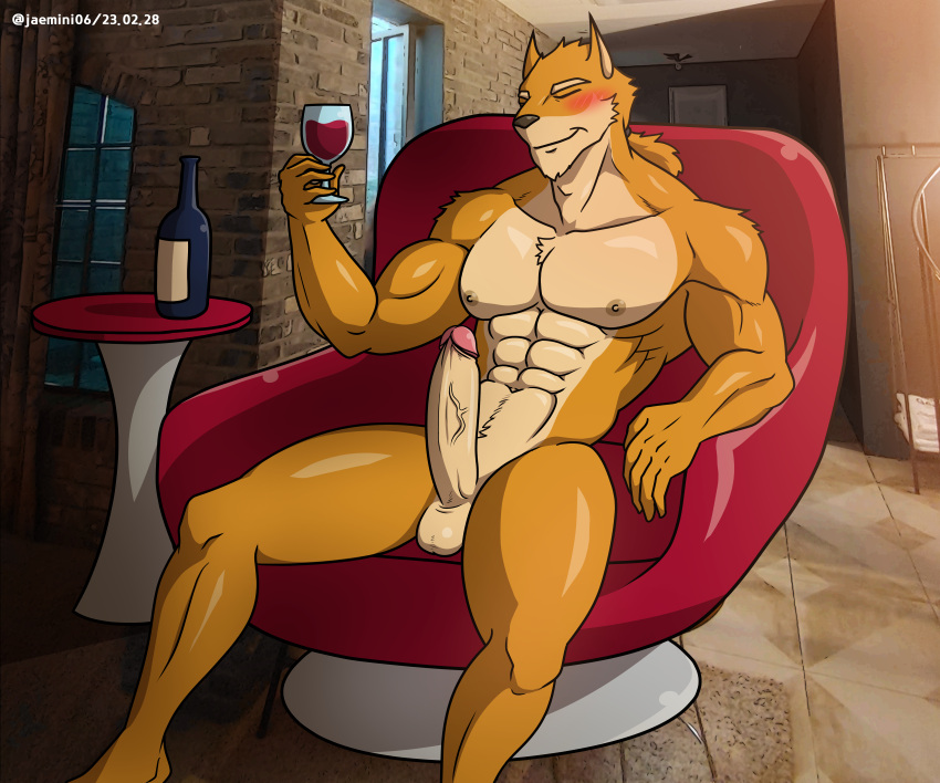 abs absurd_res alkan anthro armchair big_pecs big_penis chair container cup drinking_glass erection eyes_closed felid feline fur furniture genitals glass glass_container glass_cup hi_res lynx male mammal multicolored_body muscular muscular_anthro muscular_male navel nipples nude nude_anthro nude_male orange_body orange_fur pecs penis solo two_tone_body wine_glass