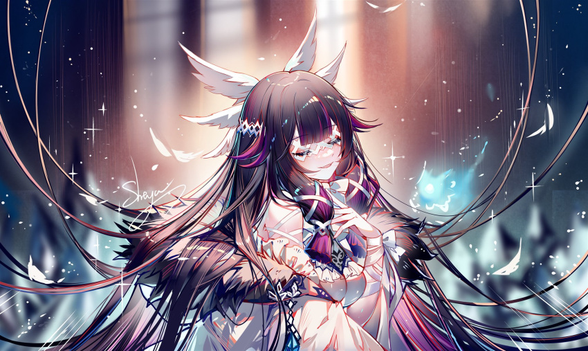 1girl black_fur black_hair blush breasts closed_eyes columbina_(genshin_impact) double-parted_bangs dress eye_mask feathers floating_hair fur-trimmed_jacket fur_trim genshin_impact gradient_eyes hair_ornament hair_wings highres jacket long_hair medium_breasts multicolored_eyes open_mouth sheya sidelocks smile solo white_dress white_wings wings