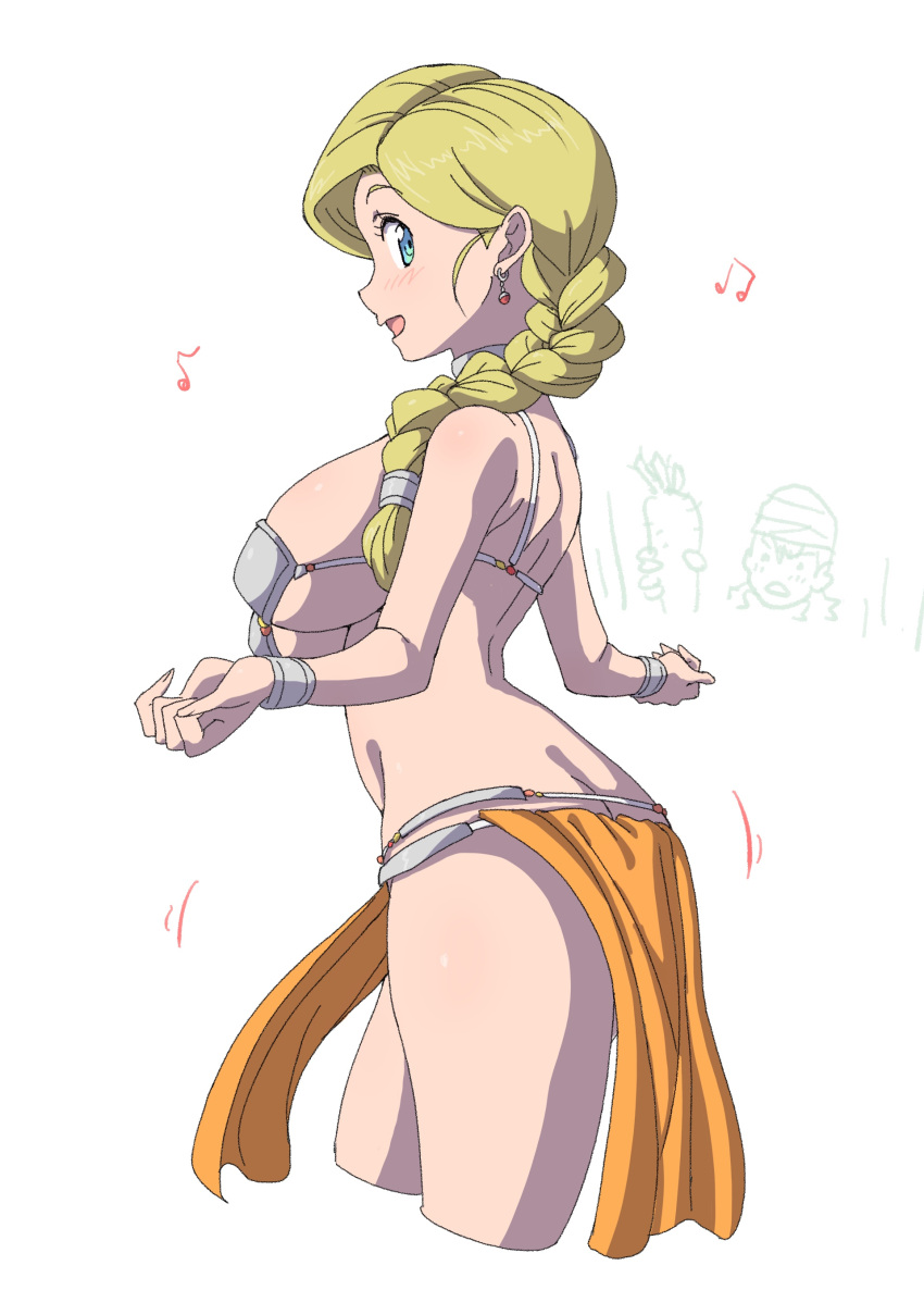 1girl :d absurdres armor bare_shoulders beamed_eighth_notes bianca_(dq5) bikini_armor blonde_hair blue_eyes blush braid breasts butt_crack cropped_legs dancer's_costume_(dq) dancing dragon_quest dragon_quest_v earrings eighth_note eyelashes hair_over_shoulder hero_(dq5) highres jewelry large_breasts loincloth long_hair motion_lines musical_note open_mouth powerhamuhamu simple_background single_braid smile solo standing underboob white_background wristlet