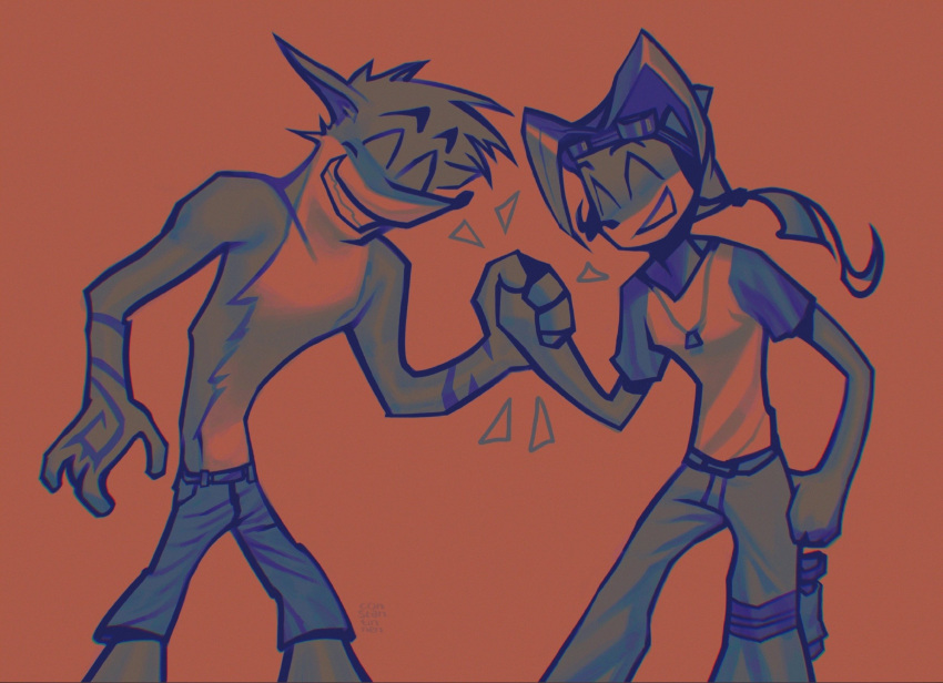 2022 4_fingers activision anthro arm_tattoo bandicoot biped bottomwear brother brother_and_sister brown_background clothed clothing coco_bandicoot constantinnen crash_bandicoot crash_bandicoot_(series) duo eyes_closed eyewear eyewear_on_head female fingers gesture goggles goggles_on_head grin hair handshake hi_res male mammal marsupial pants ponytail portrait sibling simple_background sister smile tattoo three-quarter_portrait topless