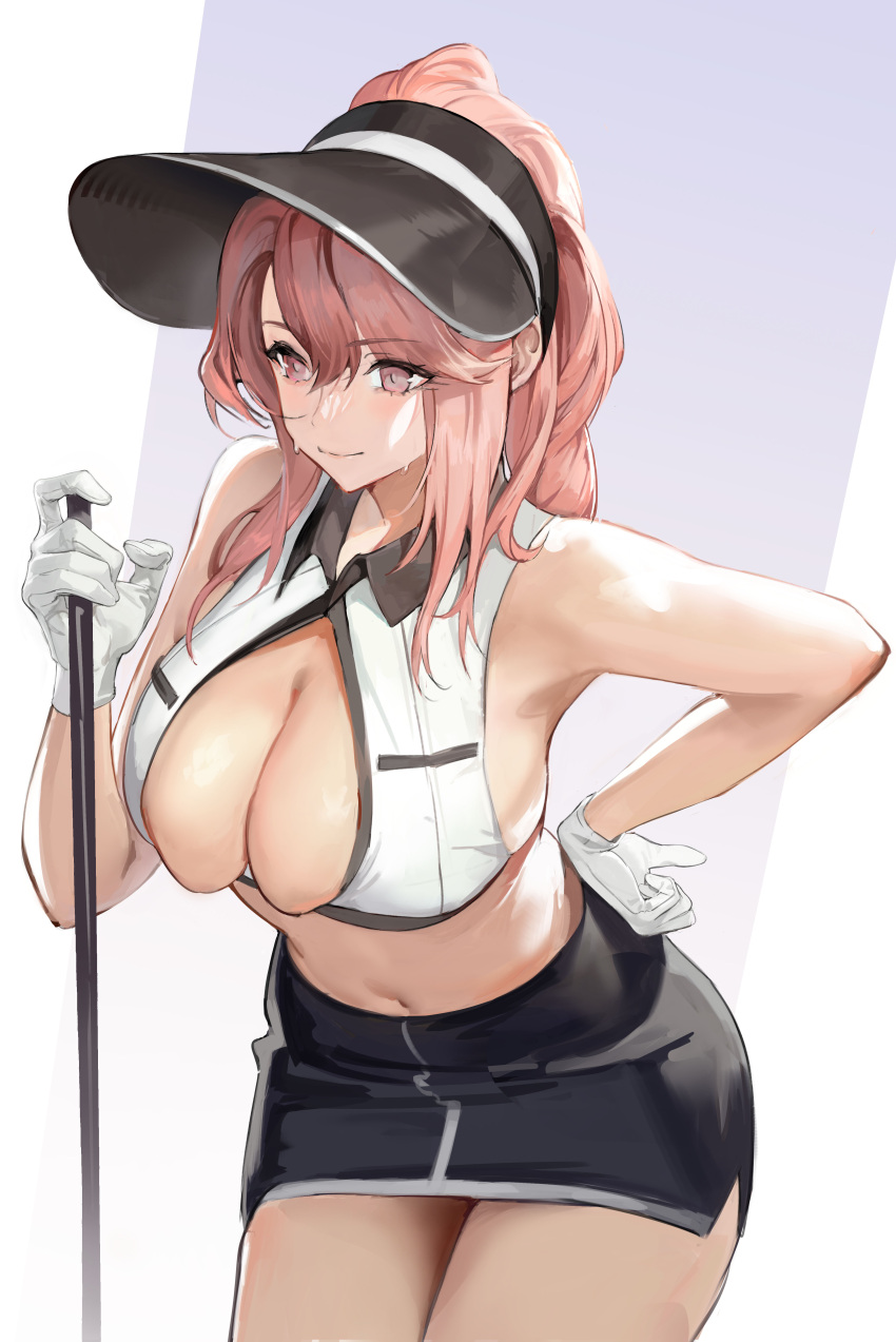 1girl absurdres azur_lane bare_shoulders black_headwear black_skirt blush breasts brown_hair cleavage clemenceau_(azur_lane) clemenceau_(splendid_breeze)_(azur_lane) closed_mouth collarbone collared_shirt commentary cowboy_shot crop_top gloves golf_club hair_between_eyes hand_on_own_hip highres holding holding_golf_club large_breasts leaning_forward long_hair midriff navel official_alternate_costume official_alternate_hairstyle pencil_skirt ponytail red_eyes shirt sidelocks skirt sleeveless sleeveless_shirt smile solo standing sweat takune019 visor_cap white_gloves white_shirt