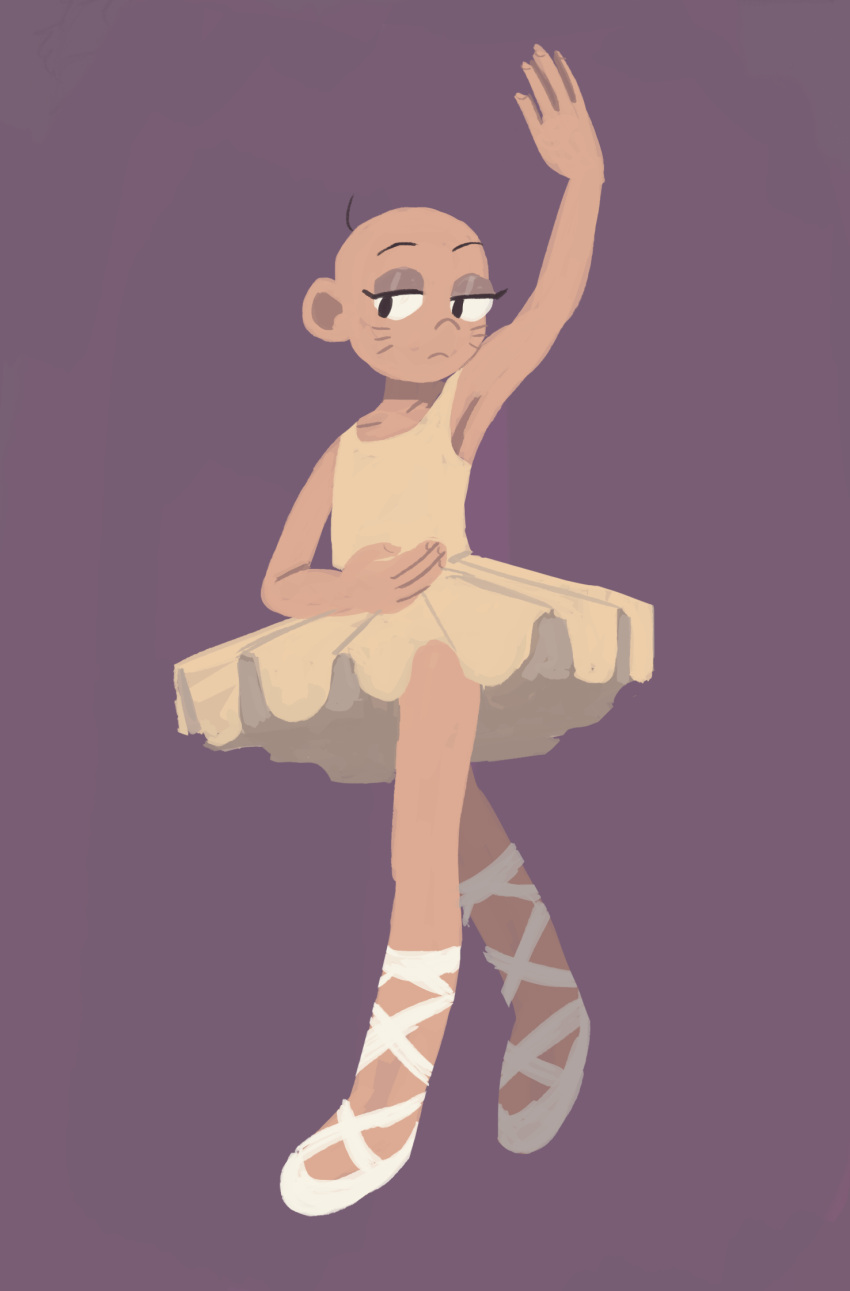 1boy arm_up armpits bald ballerina ballet_dress ballet_slippers chibita crossdressing dark-skinned_male dark_skin en_pointe expressionless facial_mark highres looking_at_viewer male_focus osomatsu-kun purple_background saturdayvillain simple_background tutu whisker_markings