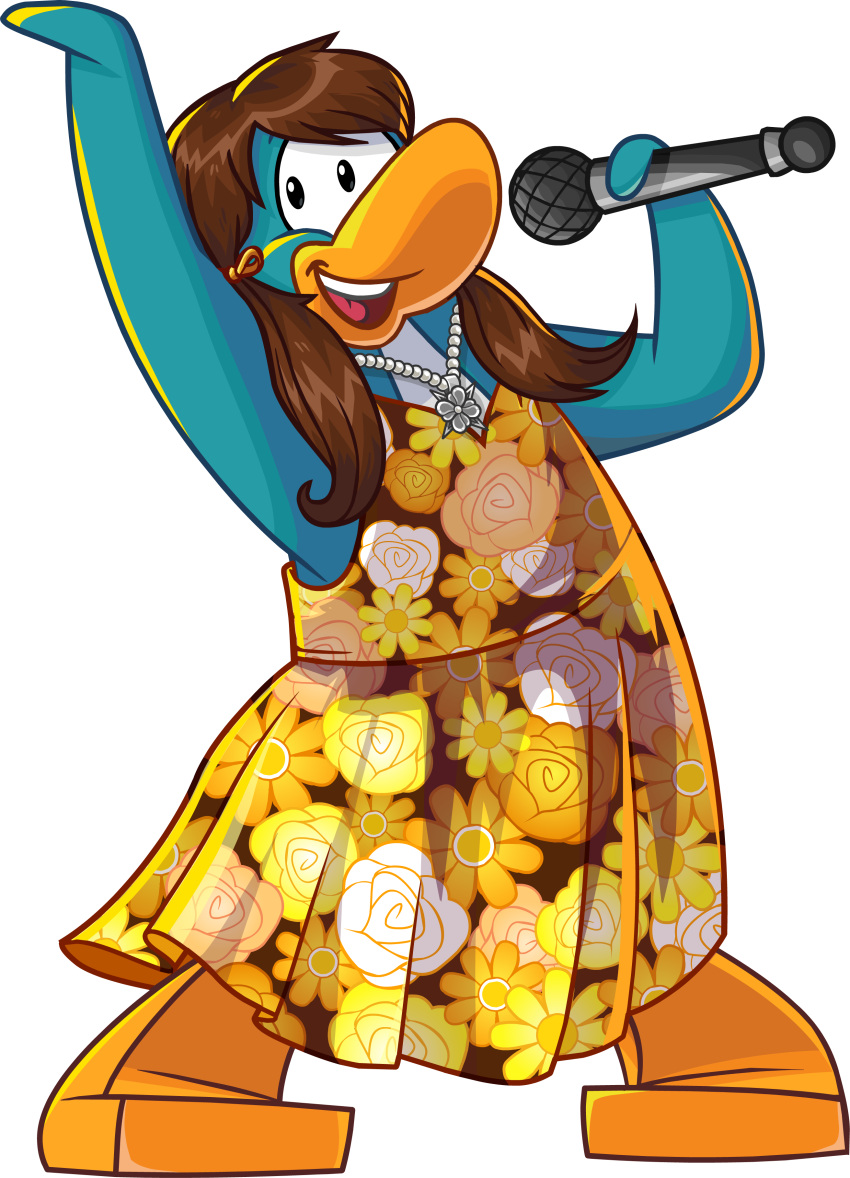 absurd_res avian bird blue_body brown_hair clothing club_penguin dress female floral_dress full-length_portrait hair hi_res holding_microphone holding_object jewelry long_hair looking_at_viewer mckenzie_(club_penguin) microphone necklace official_art open_mouth orange_clothing orange_dress penguin pigtails portrait solo unknown_artist upper_teeth_only