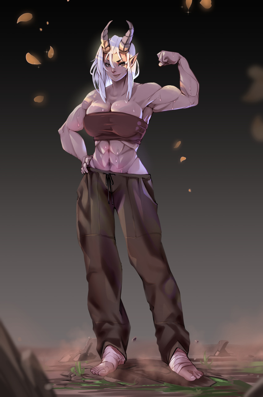 1girl absurdres biceps breasts brown_eyes cleavage crop_top dark_skin demon_horns flexing foot_wraps grass highres horns large_breasts long_hair looking_at_viewer lunnartwork muscular muscular_female oni original pointy_ears smile solo sweat white_hair