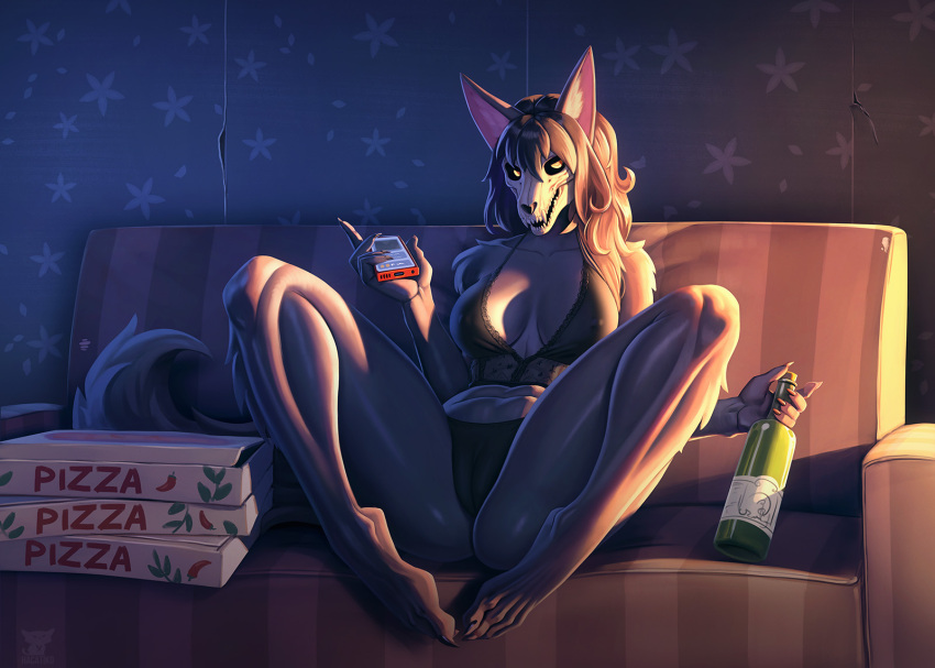 2023 5_fingers anthro beverage bra breasts camel_toe canid canine cellphone clothing digital_media_(artwork) feet female fingers food fur furniture hacatiko hair hi_res holding_object looking_at_viewer malo mammal panties phone pizza_box scp-1471 scp-1471-a scp_foundation smartphone sofa solo spread_legs spreading text toes underwear wine_bottle