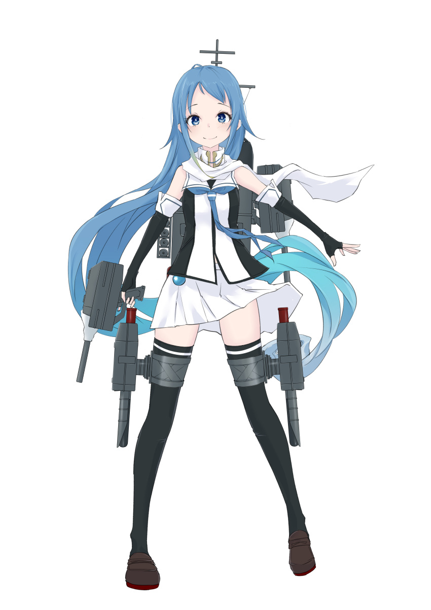 1girl absurdres adapted_turret black_gloves black_thighhighs blue_eyes blue_hair blue_neckerchief brown_footwear cannon elbow_gloves fingerless_gloves full_body gloves highres kantai_collection loafers long_hair looking_at_viewer miniskirt neckerchief neve_(morris-minicooper) original_remodel_(kantai_collection) pleated_skirt rigging samidare_(kancolle) scarf school_uniform serafuku shoes skirt smile solo standing thigh_strap thighhighs torpedo_launcher very_long_hair white_background white_scarf white_skirt