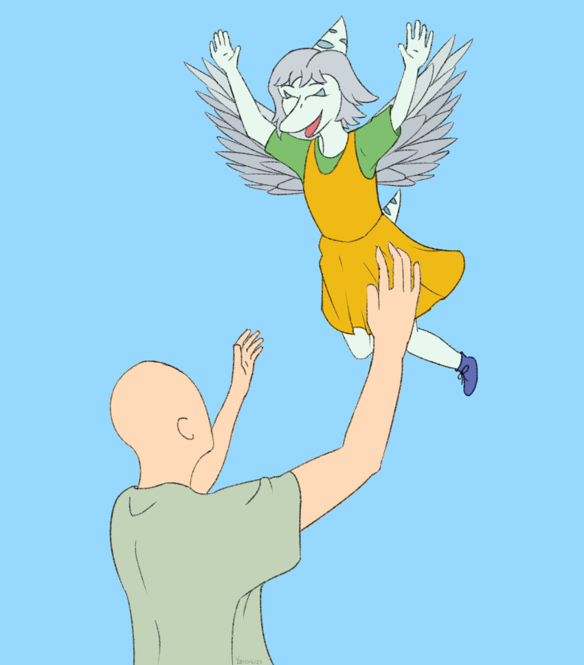 2023 absurd_res amber_(snoot_game) anon_(snoot_game) anthro bald blue_background clothing dated daughter_(lore) digital_drawing_(artwork) digital_media_(artwork) dinosaur dress duo eyelashes eyes_closed father_(lore) father_and_child_(lore) father_and_daughter_(lore) feathered_wings feathers female fingers goodbye_volcano_high grey_body grey_scales hair hi_res human light-skinned_male light_body light_skin male mammal midair open_mouth open_smile parent_(lore) parent_and_child_(lore) parent_and_daughter_(lore) pterodactylus pterosaur reptile scales scalie short_hair short_tail signature silver_hair simple_background smile snoot_game snout tail wings yellingbox