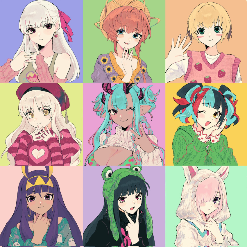 6+girls animal_ears animal_hood aqua_hair aqua_nails bare_shoulders beret black_hair blonde_hair blue_eyes blue_hair blush blush_stickers bra braid breasts brown_eyes brown_hair caren_hortensia caren_hortensia_(amor_caren) caren_hortensia_(amor_caren)_(second_ascension) cleavage colored_skin cropped_sweater crown_braid dark-skinned_female dark_skin detached_sleeves earrings fate/grand_order fate_(series) floral_print flower food_print frog_hat gareth_(fate) green_bra green_eyes grey_shirt hair_between_eyes hair_flaps hair_over_one_eye hairband hands_on_own_face hat heart heart_earrings heart_print highres hood hood_up hoop_earrings horns ibuki_douji_(fate) jackal_ears jewelry kama_(fate) long_hair long_sleeves looking_at_viewer mash_kyrielight medium_hair moe_romantiqua multicolored_hair multiple_girls multiple_horns nail_polish nitocris_(fate) one_eye_closed oni oni_horns oryou_(fate) pink_hair pink_ribbon pink_sweater_vest pointy_ears purple_eyes purple_hair purple_skin rabbit_hood red_hair red_headwear red_sweater ribbon sei_shounagon_(fate) shirt short_hair side_braid sidelocks simple_background sleeveless smile straight-on straw_hat strawberry_print sunflower sunflower_print sweater sweater_vest twintails underwear upper_body v van_gogh_(fate) very_long_hair waving_arm wavy_hair white_hair white_shirt white_sweater yellow_eyes yellow_headwear