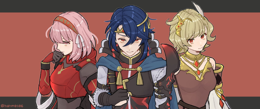 1boy 2girls alcryst_(fire_emblem) armor black_gloves blonde_hair blue_hair cape circlet citrinne_(fire_emblem) closed_mouth feather_hair_ornament feathers fire_emblem fire_emblem_engage gloves gold_trim hahm0106 hair_ornament hairband highres lapis_(fire_emblem) looking_at_viewer multiple_girls pink_eyes pink_hair red_eyes short_hair shoulder_armor