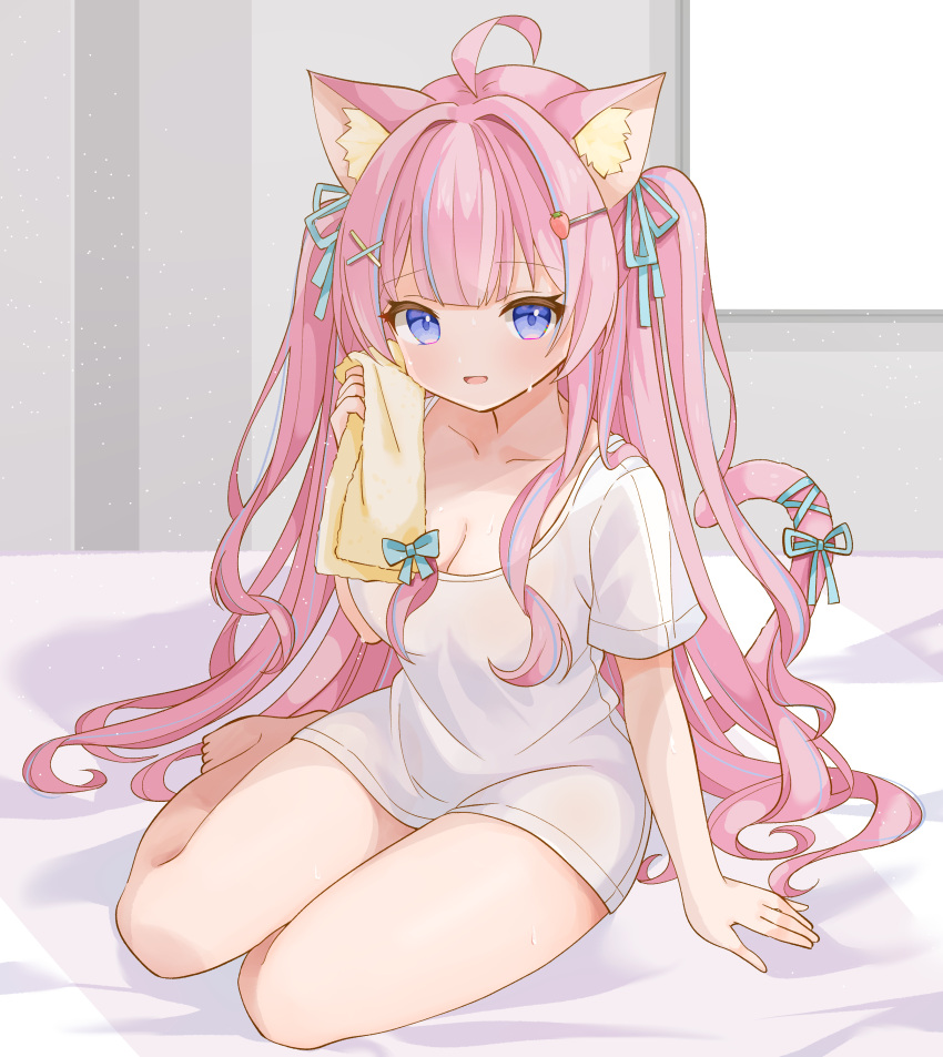 1girl absurdres ahoge animal_ear_fluff animal_ears blue_bow blue_eyes blue_hair blue_ribbon bow breasts cat_ears cat_girl cleavage commission dress hair_ornament hair_ribbon hairpin highres indie_virtual_youtuber itigori_ena long_hair looking_at_viewer on_bed open_mouth pink_hair ribbon saekiya_sabou shirt skeb_commission sweat tail tail_ornament tail_ribbon towel twintails virtual_youtuber white_shirt