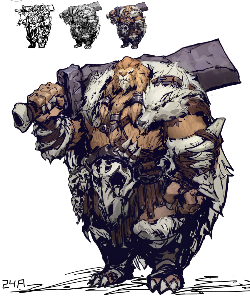 1boy 24a_(ershisiai) absurdres artist_name cape copyright_request detached_sleeves full_body furry furry_male highres holding holding_weapon lion_boy long_sleeves looking_at_viewer multiple_views muscular muscular_male over_shoulder skull standing tusks weapon weapon_over_shoulder white_background