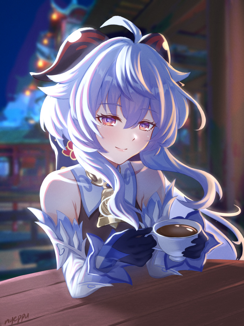 1girl absurdres ahoge artist_name bare_shoulders bell blue_hair blush coffee_cup cup detached_sleeves disposable_cup ganyu_(genshin_impact) genshin_impact highres horns long_hair looking_at_viewer neck_bell night nyeppu outdoors purple_eyes sidelocks smile solo upper_body white_sleeves