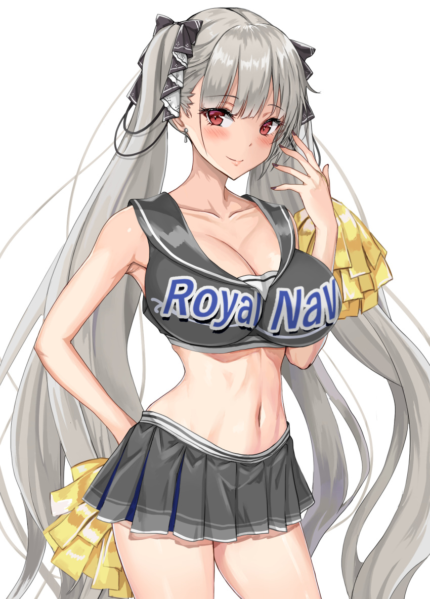 1girl alternate_costume amagi_(amagi626) arm_behind_back azur_lane black_nails blush breasts cheerleader cleavage collarbone cropped_shirt earrings formidable_(azur_lane) grey_hair grey_shirt grey_skirt hand_on_own_face highres jewelry large_breasts long_hair looking_at_viewer midriff miniskirt navel pleated_skirt red_eyes sailor_collar shirt simple_background skirt smile solo standing twintails upper_body very_long_hair white_background