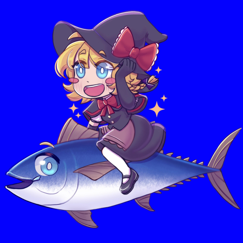 1girl absurdres apron black_capelet black_footwear black_gloves black_headwear black_skirt black_vest blonde_hair blue_background blue_eyes blush bow bowtie bright_pupils brown_apron buttons capelet chibi commentary_request cookie_(touhou) elbow_gloves eyes_visible_through_hair fish full_body gloves hand_on_headwear hat hat_bow highres kirisame_marisa looking_afar mary_janes medium_bangs meguru_(cookie) mixed-language_commentary open_mouth red_bow red_bowtie ripped_colors second-party_source shoes short_hair simple_background skirt skirt_set smile solo spanish_commentary sparkle touhou tuna vest waist_apron white_pupils witch_hat