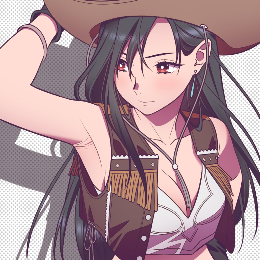 1girl andrian_januar_adilia arm_up armpits black_gloves black_hair bracelet breasts brown_headwear brown_vest cleavage closed_mouth collarbone cowboy_hat crisis_core_final_fantasy_vii crop_top final_fantasy final_fantasy_vii gloves hat highres indonesian_commentary jewelry leather_vest long_hair medium_breasts polka_dot polka_dot_background shadow shirt sleeveless sleeveless_shirt solo tifa_lockhart upper_body vest white_background white_shirt