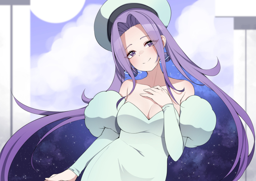 1girl absurdres bare_shoulders beret breasts cleavage collarbone detached_sleeves dress green_dress green_sleeves hand_on_own_chest hat highres indie_virtual_youtuber long_hair planet_earrings purple_eyes purple_hair rhys_galaxia_(vtuber) sleeveless sleeveless_dress smile solo starry_sky_print strapless strapless_dress valefal_coneri