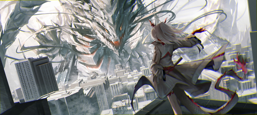 1girl absurdres arknights arm_behind_back city coat colored_skin day dragon dragon_girl dragon_horns dragon_tail from_behind highres holding horns long_hair long_sleeves monster nian_(arknights) one_side_up outdoors outstretched_arm red_skin solo standing tail white_coat white_hair z_05