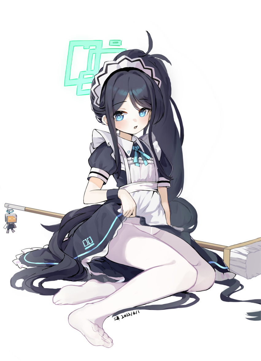 &lt;key&gt;_(robot)_(blue_archive) 1girl :o absurdres amiemie117 apron aris_(blue_archive) aris_(maid)_(blue_archive) black_dress blue_archive blush borrowed_clothes clothes_lift dated dress dress_lift highres lifted_by_self long_hair looking_at_viewer maid maid_headdress official_alternate_costume panties panties_under_pantyhose pantyhose pinafore_dress puffy_short_sleeves puffy_sleeves short_sleeves side_ponytail simple_background sitting sleeveless sleeveless_dress soles solo toes underwear very_long_hair white_apron white_background white_panties white_pantyhose wristband yokozuwari