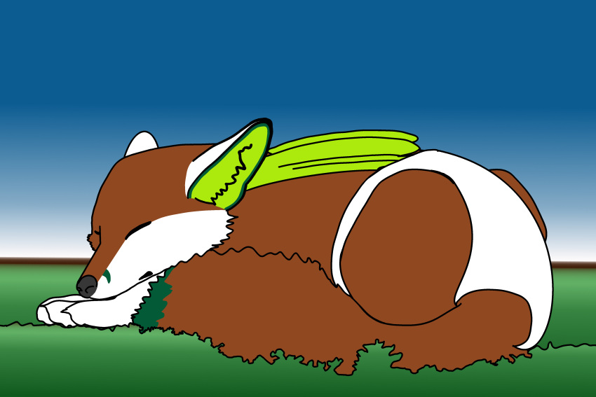 absurd_res canid canine clothed clothing diaper dragon eyes_closed feral fox hi_res hybrid male mammal simple_background simple_coloring sleeping solo techno_blueberry wearing_diaper wings