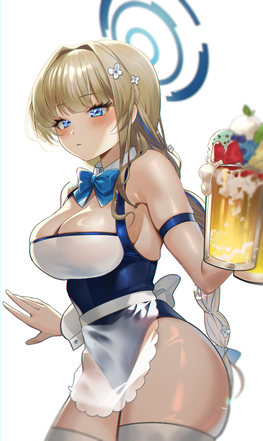 1girl absurdres alternate_costume alternate_hairstyle apron arm_strap beer_glass beer_mug blonde_hair blue_archive blue_bow blue_bowtie blue_eyes blue_leotard blurry blush bow bowtie braid braided_ponytail breasts closed_mouth cup daehoak depth_of_field expressionless flower foam hair_flower hair_ornament halo highres large_breasts leotard long_hair maid mug multicolored_hair simple_background solo streaked_hair toki_(blue_archive) very_long_hair white_background