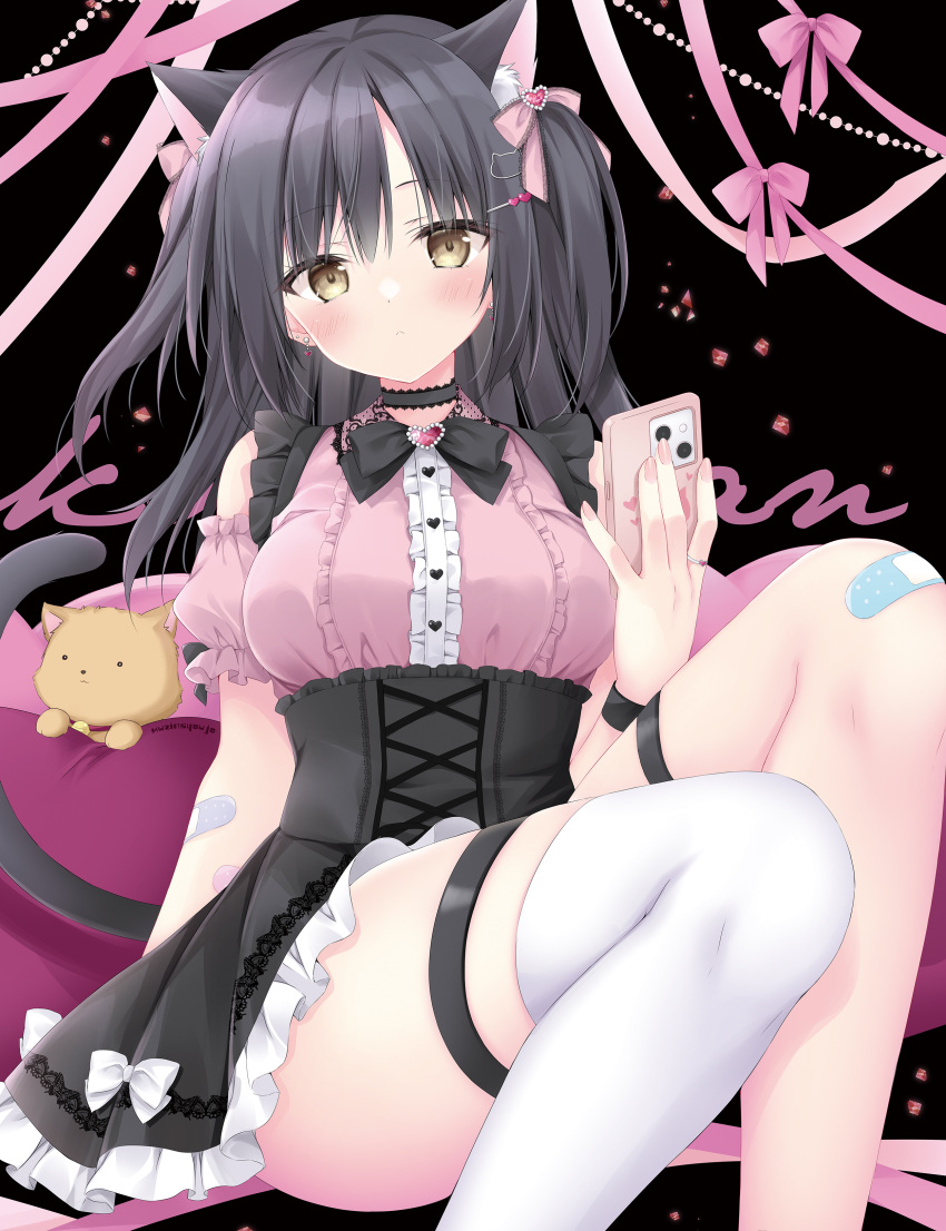 1girl absurdres animal_ears bandaid bandaid_on_knee bandaid_on_leg bare_shoulders black_background black_hair black_skirt bow breasts cat_ears cat_girl cat_hair_ornament cat_tail cellphone comiket_102 commentary_request detached_sleeves frilled_skirt frills hair_between_eyes hair_bow hair_ornament hairclip hand_up heart heart_hair_ornament highres holding holding_phone korie_riko medium_breasts nail_polish original parted_bangs phone pink_bow pink_nails pink_shirt pink_sleeves pleated_skirt puffy_short_sleeves puffy_sleeves shirt short_sleeves single_thighhigh skirt solo tail thigh_strap thighhighs two_side_up white_thighhighs