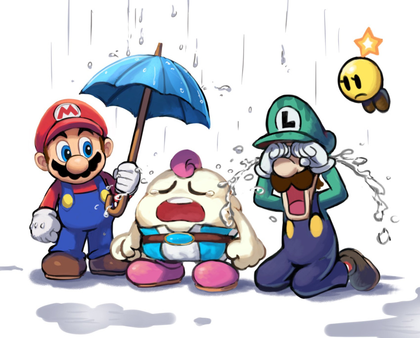 1other 3boys belt blue_eyes blue_overalls blue_pants boots brown_belt brown_footwear brown_hair closed_eyes crying facial_hair full_body gloves green_headwear green_shirt hat highres holding holding_umbrella kneeling looking_at_another luigi mallow_(mario) mario mario_&amp;_luigi_rpg mario_(series) multiple_boys mustache open_mouth overalls pants pink_footwear pink_hair puddle rain red_headwear red_shirt shirt short_hair simple_background starlow streaming_tears striped striped_pants super_mario_rpg tears teeth two-tone_pants umbrella upper_teeth_only white_background white_pants ya_mari_6363