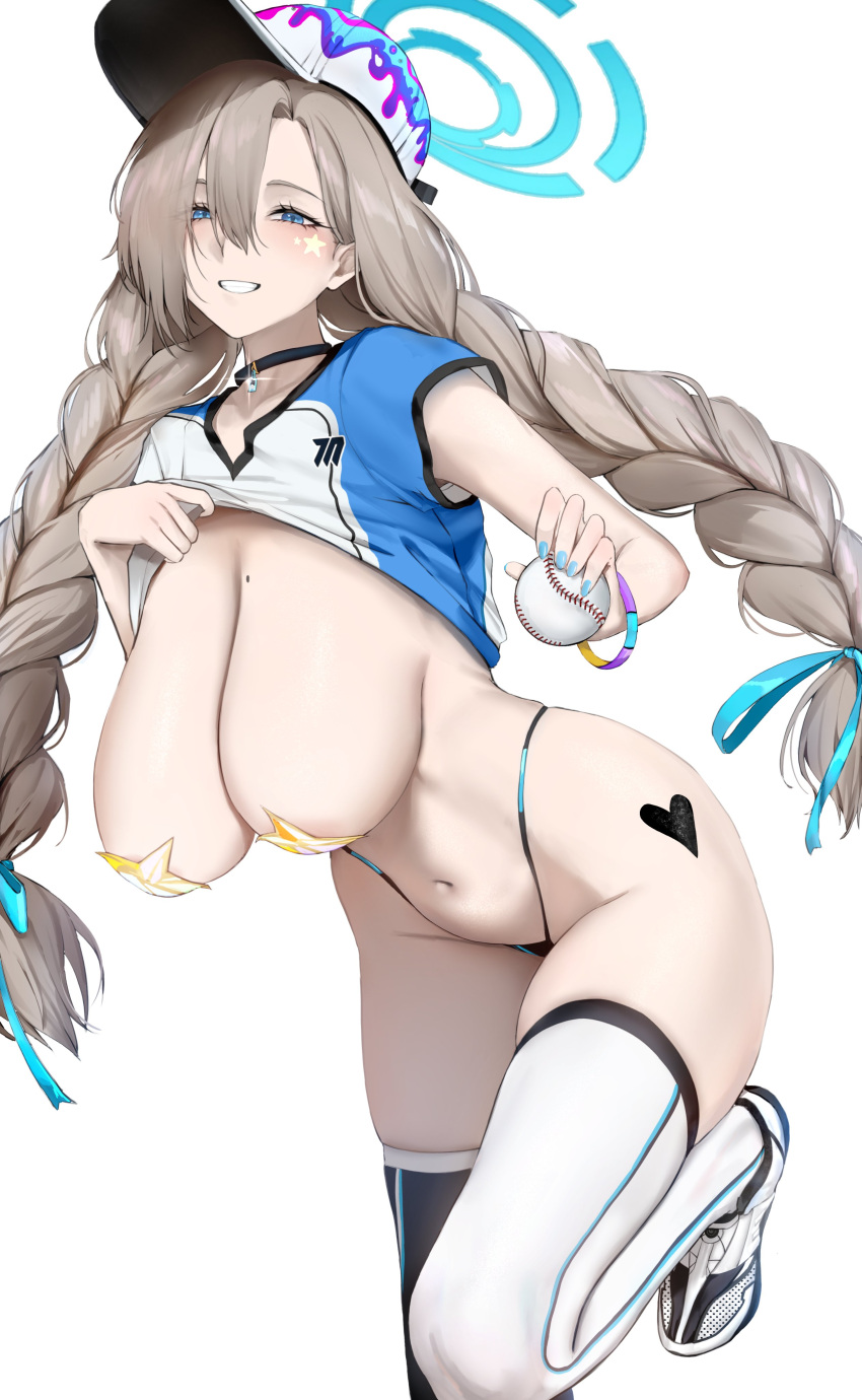 1girl absurdres asuna_(blue_archive) baseball_(object) baseball_cap baseball_jersey black_choker black_thighhighs blue_archive blue_eyes blue_ribbon blush braid breasts choker clothes_lift collarbone g-string hair_between_eyes hair_ribbon halo hat heart heart_pasties highres holding jersey large_breasts light_brown_hair long_hair long_sleeves looking_at_viewer mole mole_on_breast navel pasties ribbon shirt_lift shoes sneakers solo standing standing_on_one_leg star_on_cheek thighhighs thong tobiko twin_braids very_long_hair white_background white_thighhighs