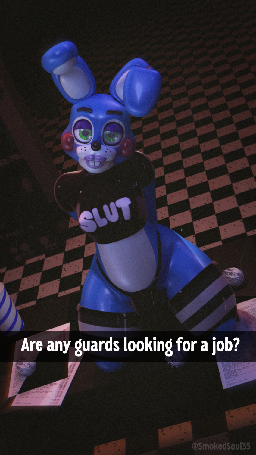 3d_(artwork) absurd_res animatronic anthro bottomwear bulge clothed clothing digital_media_(artwork) english_text five_nights_at_freddy's five_nights_at_freddy's_2 girly hi_res lagomorph legwear leporid looking_at_viewer machine male mammal pose rabbit robot scottgames selfie shirt smile smokedsoul35 snapchat solo standing stockings text thick_thighs topwear toy_bonnie_(fnaf) wide_hips
