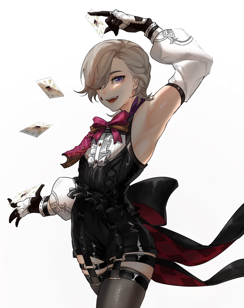 1boy asymmetrical_bangs back_bow black_bow bow bowtie card frilled_leotard frills genshin_impact grey_thighhighs highres leotard lyney_(genshin_impact) male_focus open_mouth pink_bow pink_bowtie playing_card short_hair simple_background smile solo suanqhateschool teardrop_facial_mark thighhighs two-tone_gloves white_background