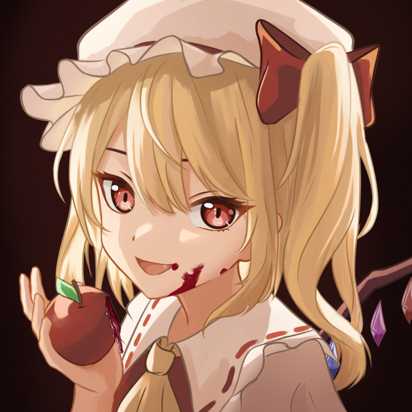 1girl apple ascot blonde_hair chinese_commentary chunjiu crystal fang flandre_scarlet food fruit hair_between_eyes hat highres holding holding_food holding_fruit long_hair mob_cap one_side_up open_mouth red_eyes shirt short_sleeves smile solo touhou white_headwear white_shirt wings yellow_ascot