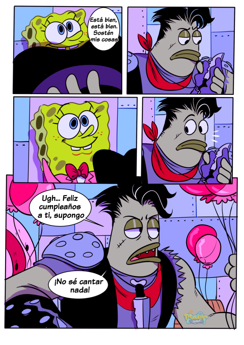 anthro comic detailed_background dialogue duo fish hi_res knife male marine nickelodeon on_model pancaketiffy sea_sponge spanish_text speech_bubble spongebob_squarepants spongebob_squarepants_(character) text toony