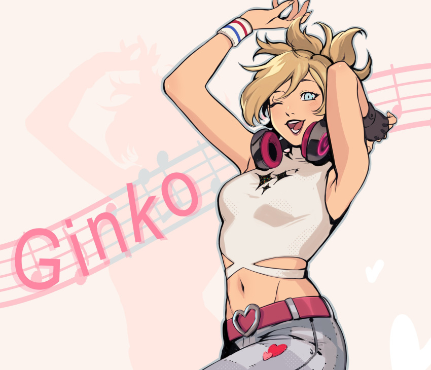 1girl alternate_costume aqua_eyes arms_up belt black_gloves blonde_hair breasts crop_top fingerless_gloves gloves headphones headphones_around_neck heart highres lisa_silverman looking_at_viewer medium_breasts musical_note navel neekosiah one_eye_closed open_mouth persona persona_2 simple_background single_glove sleeveless solo sweatband