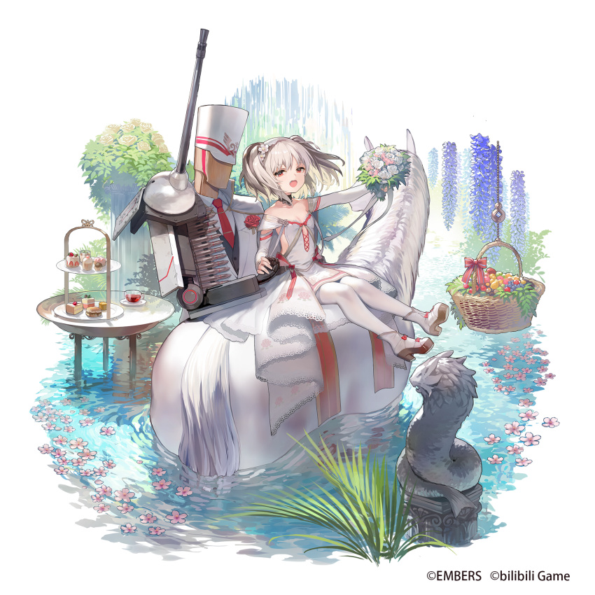1girl ash_arms bare_shoulders basket blue_flower breasts character_request cleavage collarbone cupcake dress flower flower_on_liquid food grey_hair hair_flower hair_ornament highres horse looking_at_viewer official_art open_mouth pantyhose pink_flower red_eyes ritsuki sitting small_breasts solo statue table tiered_tray twintails water watermark white_dress white_flower white_pantyhose wisteria