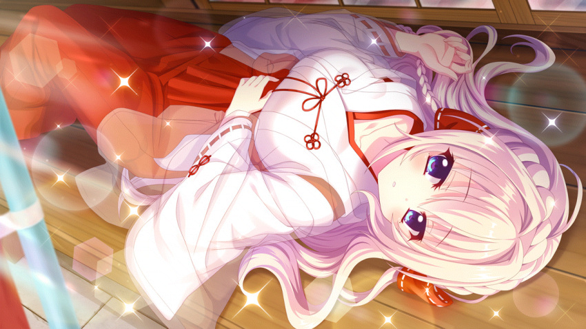 1girl ahoge blonde_hair blue_eyes braid breasts collarbone crown_braid dot_nose film_grain game_cg hair_intakes hakama hakama_skirt hand_on_own_stomach izumi_tsubasu japanese_clothes kosode large_breasts lens_flare long_braid long_hair looking_at_viewer lying mole mole_under_each_eye mole_under_eye multiple_moles non-circular_lens_flare non-web_source nontraditional_miko official_art on_back on_floor parted_lips re:stage! red_skirt shiratori_amaha_(re:stage!) shouji skirt sliding_doors solo sparkle wooden_floor