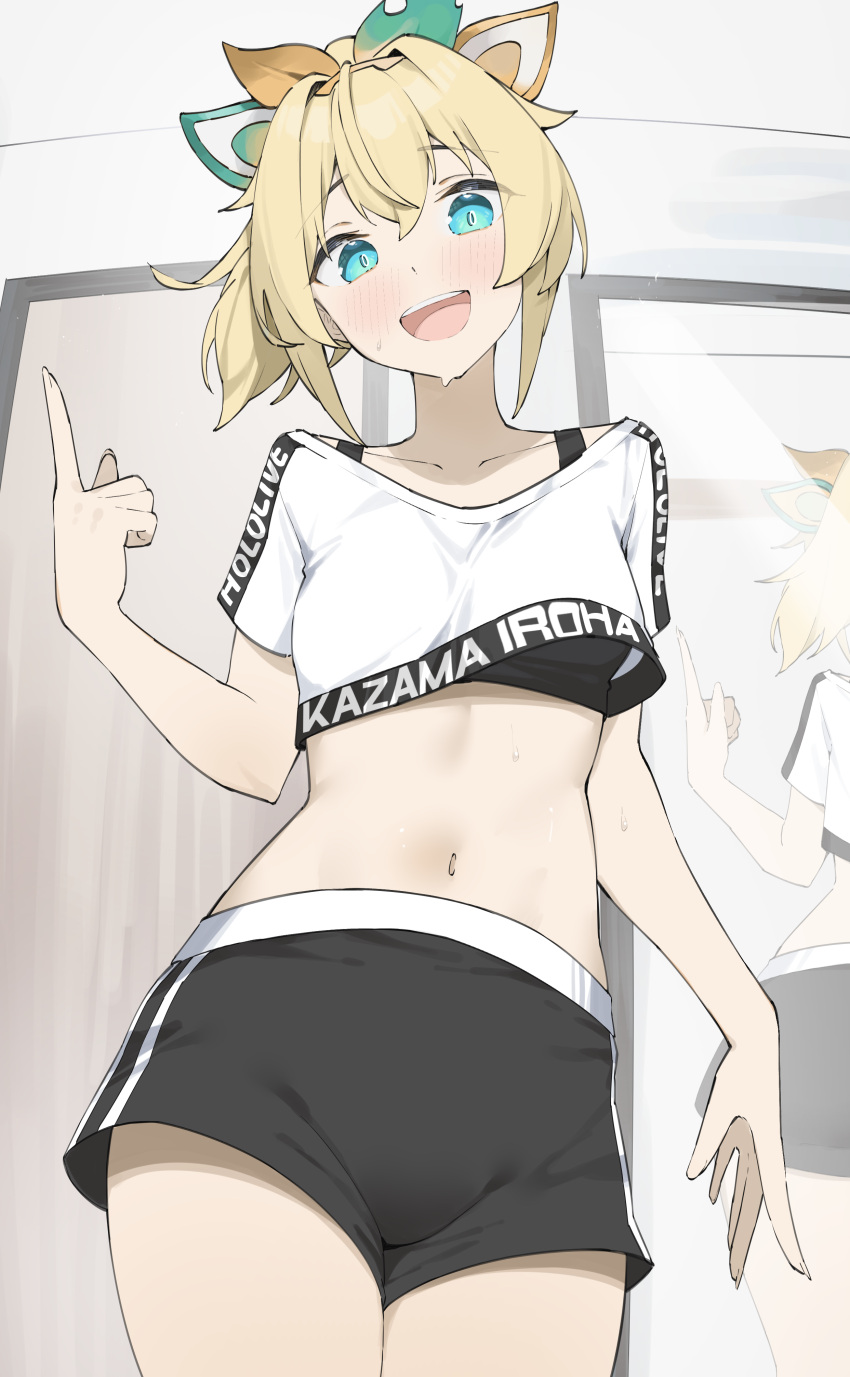 1girl absurdres black_shorts black_sports_bra blonde_hair blue_eyes byeon_dha cropped_shirt hair_ornament highres hololive index_finger_raised kazama_iroha leaf_hair_ornament light_blush looking_at_viewer mirror open_mouth reflection shirt short_shorts shorts solo sports_bra sweat virtual_youtuber white_shirt