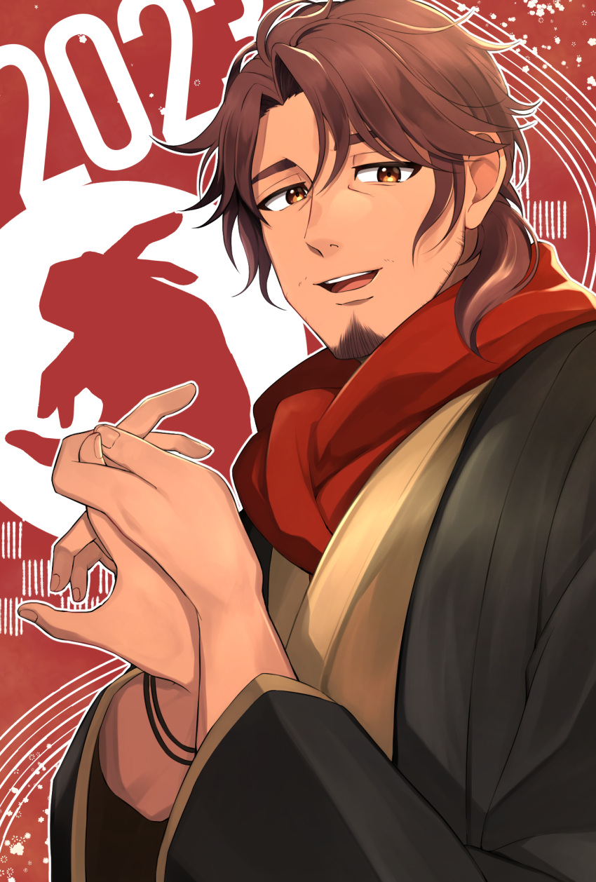 1boy 2023 beard belmond_banderas black_jacket brown_eyes brown_hair brown_kimono chinese_zodiac choco_(chocovix112) eyebrows_hidden_by_hair facial_hair hair_between_eyes highres jacket japanese_clothes kimono long_sleeves looking_at_viewer male_focus nijisanji open_clothes open_jacket own_hands_together parted_bangs red_background red_scarf scarf shadow_puppet solo thick_eyebrows two-tone_background upper_body virtual_youtuber white_background wide_sleeves year_of_the_rabbit
