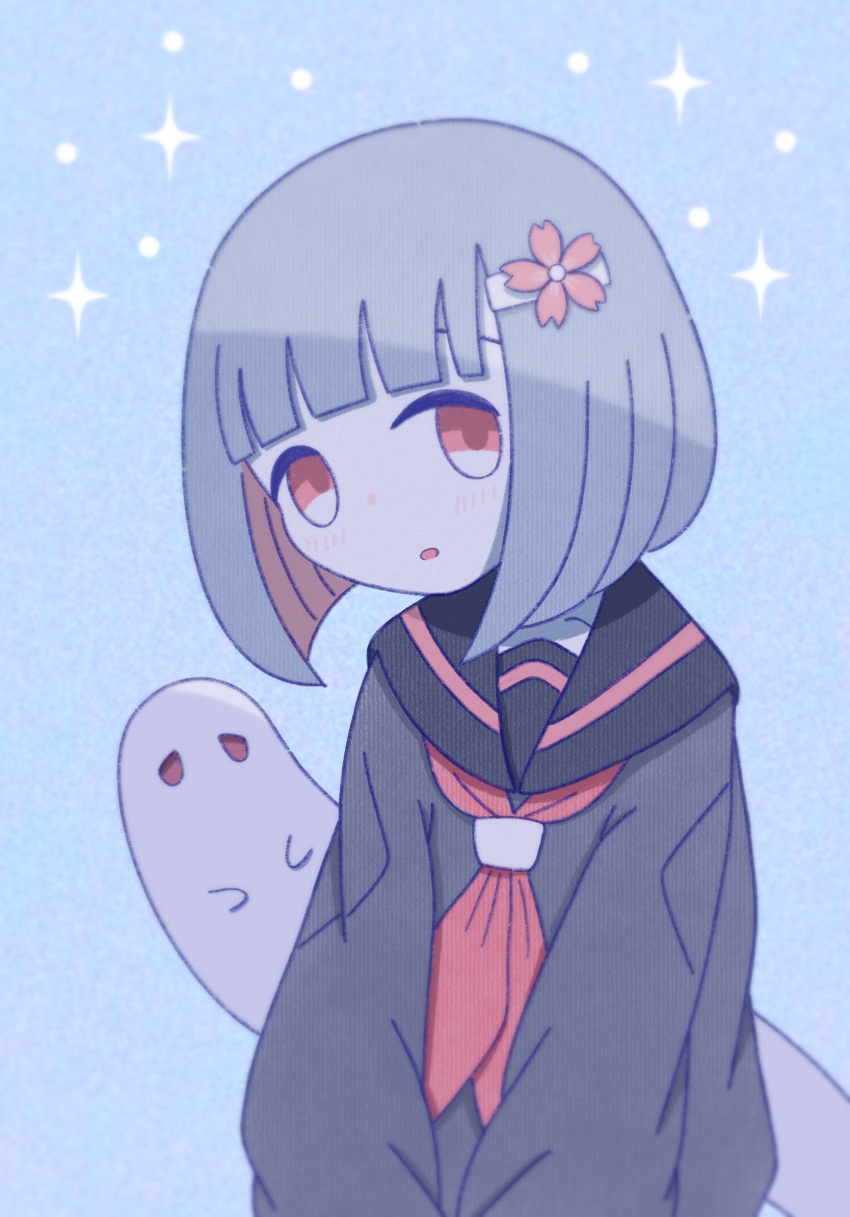 0_0 1girl :o black_cardigan blue_background blunt_bangs blunt_ends blush bob_cut cardigan collarbone colored_inner_hair flower ghost grey_hair hair_flower hair_ornament hairclip highres light_blush long_sleeves looking_at_viewer multicolored_hair neckerchief omochi_noa original red_eyes red_flower red_hair red_neckerchief sailor_collar school_uniform serafuku shirt short_hair simple_background solo sparkle uniform upper_body