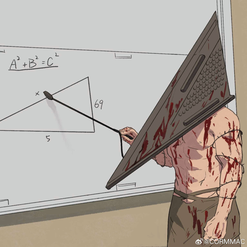 1boy abs adios blood feet_out_of_frame helmet highres large_pectorals male_focus math muscular muscular_male object_head pectorals pyramid_head silent_hill_(series) silent_hill_2 solo teaching thick_thighs thighs whiteboard