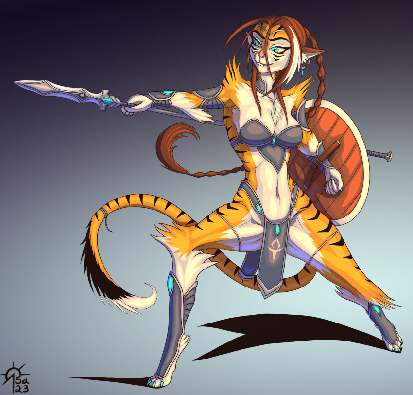 absurd_res anthro armor bikini_armor black_body black_fur blue_eyes bottomwear braided_hair clothing cuffs_(clothing) ear_piercing ear_ring felid female fur hair hi_res jewelry loincloth mammal melee_weapon midriff navel necklace orange_body orange_fur pantherine piercing polearm pupils ring_piercing sacrificabominat shield shin_guards slit_pupils solo spear stripes tiger tyla_(jesonite) unconvincing_armor weapon white_body white_fur