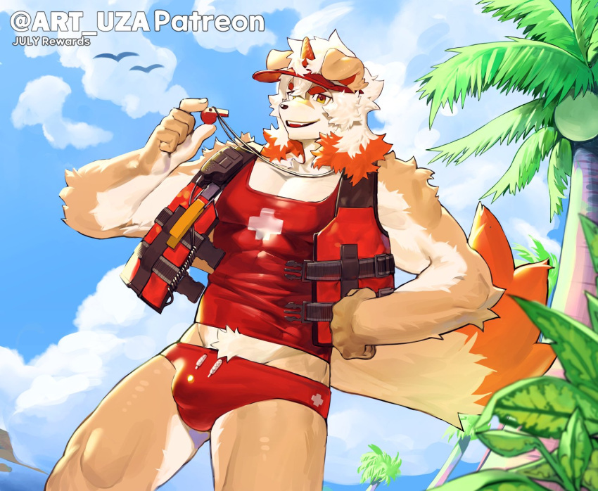 1boy animal_ears arknights bara baseball_cap beach brown_fur bulge dog_boy dog_ears feet_out_of_frame first_aid furry furry_male hat highres horns hung_(arknights) large_pectorals large_tail male_focus male_swimwear medium_hair midriff_peek multicolored_hair muscular muscular_male navel_hair orange_eyes orange_hair palm_tree pectoral_cleavage pectorals red_male_swimwear red_tank_top single_horn solo standing streaked_hair swim_briefs tail tank_top thick_eyebrows thick_thighs thighs tree two-tone_fur uza_(hellme) whistle whistle_around_neck white_fur white_hair