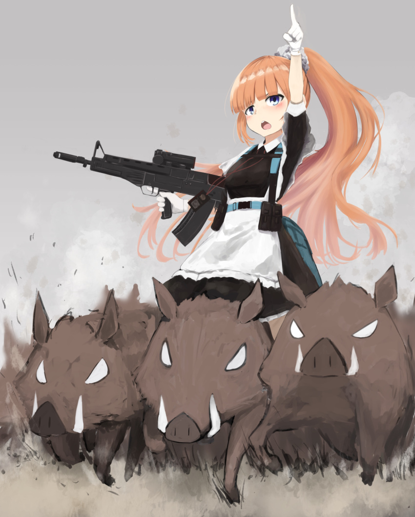 1girl apron blue_eyes blunt_bangs blush boar breasts commission frilled_apron frills girls'_frontline high_ponytail highres long_hair maid open_mouth orange_hair pixiv_commission pointing solo trigger_discipline vepr-12 vepr_(girls'_frontline) very_long_hair zafuri_(yzrnegy)