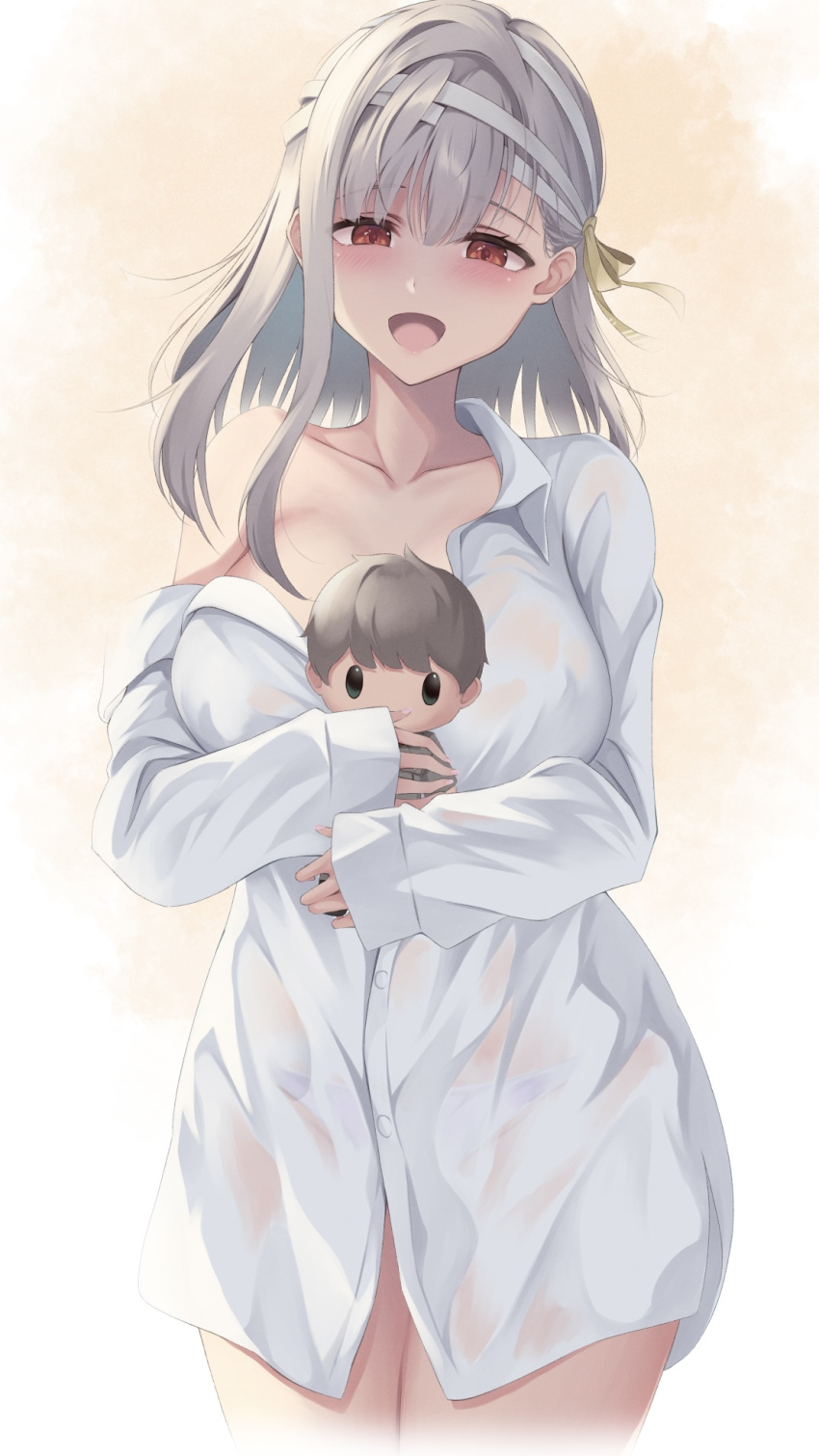 1girl bandaged_head bandages bare_legs blush breasts character_doll collared_shirt doll dress_shirt goddess_of_victory:_nikke grey_hair hair_between_eyes hair_ribbon he7ixmumqq8rbc9 highres holding holding_doll large_breasts long_hair looking_at_viewer modernia modernia_(first_affection)_(nikke) modernia_(nikke) no_bra off_shoulder official_alternate_costume open_mouth red_eyes ribbon shirt single_hair_intake smile solo white_shirt wing_collar yellow_ribbon