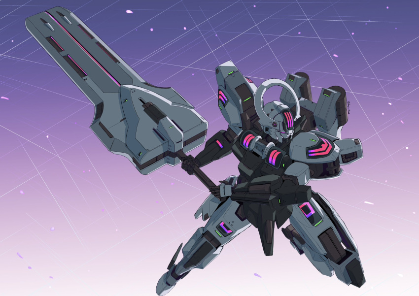 charging_forward commentary_request gradient_background gundam gundam_suisei_no_majo highres holding holding_sword holding_weapon kaji_illust mecha mobile_suit no_humans purple_background purple_eyes robot schwarzette science_fiction solo sword weapon