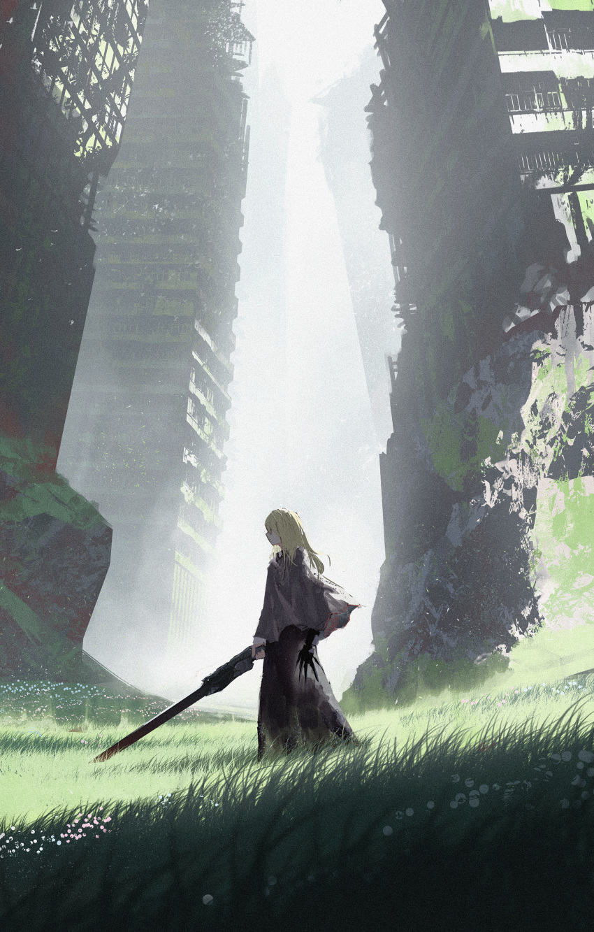 1girl abandoned absurdres asteroid_ill blonde_hair blurry blurry_foreground building city cornea_(asteroid_ill) covered_eyes dress facing_to_the_side fog grass highres holding holding_sword holding_weapon long_hair looking_ahead moss nature original outdoors overgrown post-apocalypse prosthetic_hand purple_dress purple_shawl rubble ruins scenery shaded_face shadow shawl silhouette sky skyscraper solo sunlight sword walking weapon wind