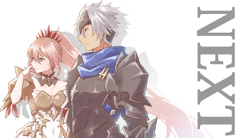 1boy 1girl alphen_(tales) armor black_choker blue_eyes blue_scarf breastplate breasts choker cleavage closed_mouth covered_navel dress floating_hair frown hair_between_eyes highres long_hair mask mishiro_(andante) pink_hair scarf shionne_(tales) short_hair shoulder_armor small_breasts spiked_hair tales_of_(series) tales_of_arise upper_body very_long_hair white_background white_dress white_hair